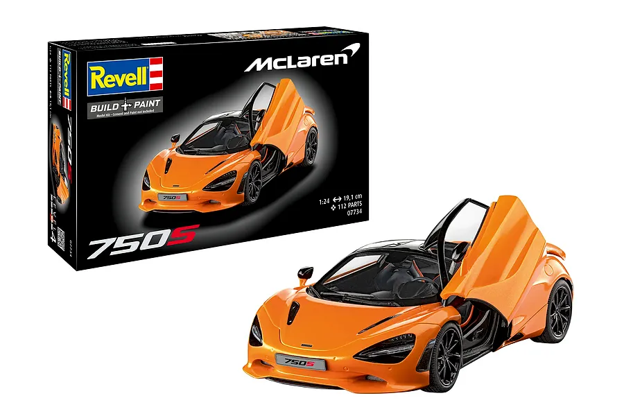 Revell 1/24 scale McLaren 750S plastic model kit box and a fully assembled orange model car with butterfly doors open.