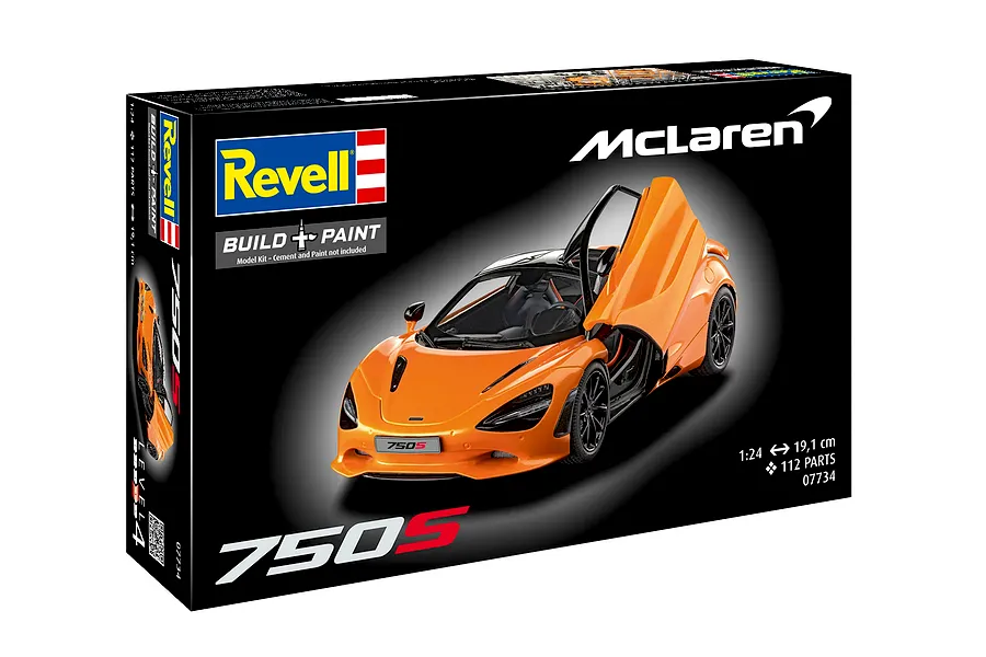 Revell 1/24 scale McLaren 750S plastic model kit box, featuring an orange McLaren sports car with open doors on a black background.