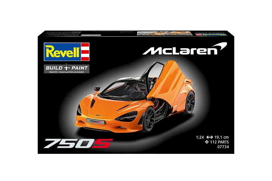 Revell 1/24 scale McLaren 750S plastic model kit box featuring an orange McLaren sports car with open doors.