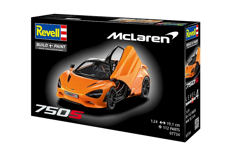 Revell 1/24 scale McLaren 750S plastic model kit box featuring an orange sports car with open doors on a black background.