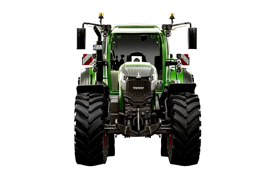 Front view of a 1/24 scale Revell Fendt 728 Vario tractor model kit, showing detailed green bodywork, large black tires, and cabin features.