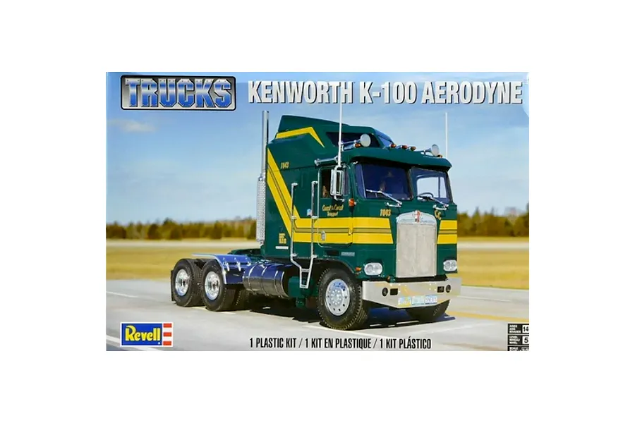 Revell 1/25 scale Kenworth K-100 Aerodyne semi truck model kit box art showing a green and yellow truck on a road.