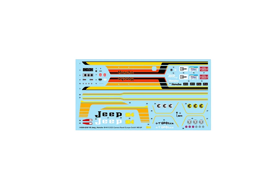 A decal sheet for the Revell 1/24 Jeep J-10 Pickup model kit, featuring various stripes, logos, and license plates on a light blue backing.