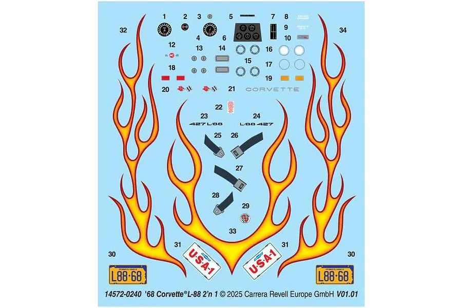 A decal sheet for a 1/25 scale Revell '68 Corvette L-88 model kit, featuring flame graphics, dashboard gauges, license plates, and text labels.