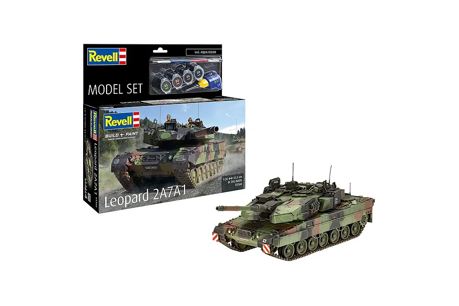 Revell 1/35 scale Leopard 2A7A1 tank model kit box and a fully assembled, painted model tank on a white background.