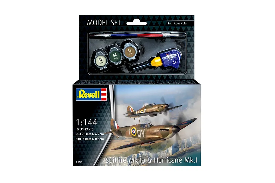Revell 1/144 scale Spitfire Mk.Ia and Hurricane Mk.I plastic model starter kit box showing model aircraft, paints, glue, and a brush.