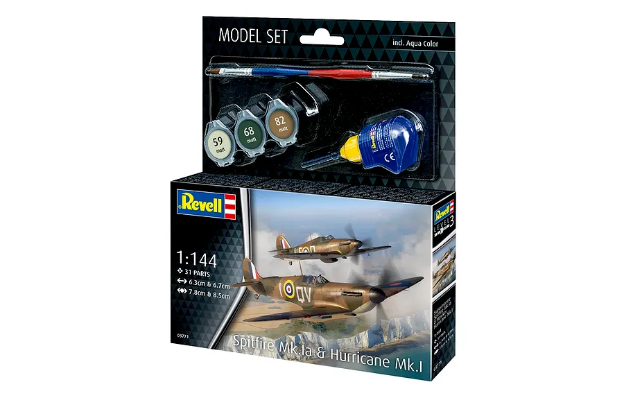 Revell 1/144 scale Spitfire Mk.ia and Hurricane Mk.i model kit box showing the finished aircraft in flight, including paint pots, glue, and a brush.