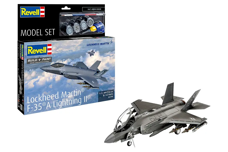 Revell 1/72 scale Lockheed Martin F-35A Lightning II plastic model kit box and a fully assembled, painted model aircraft on a white background.