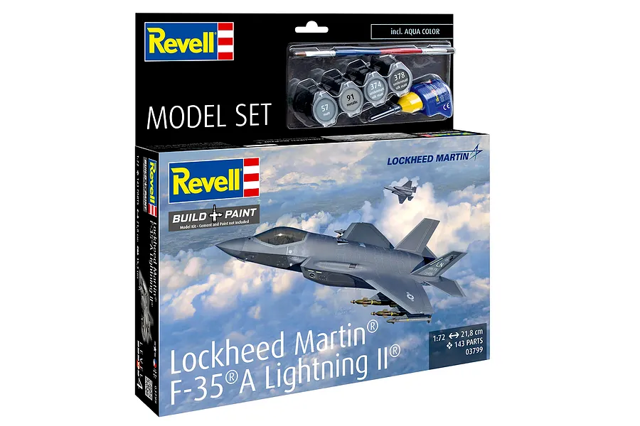 Revell 1/72 scale Lockheed Martin F-35A Lightning II model kit box featuring an illustration of the jet in flight, including paint and glue accessories.