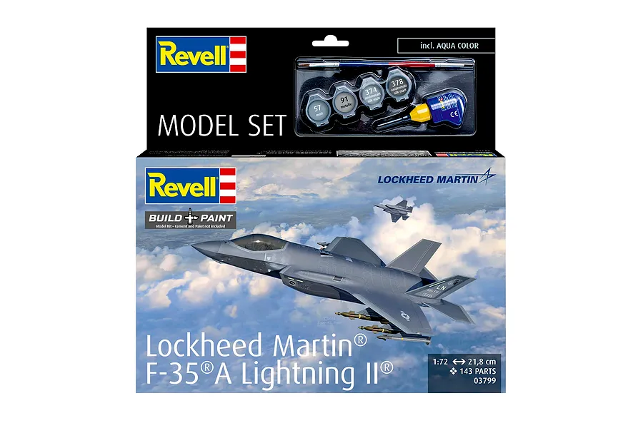 Revell 1/72 scale Lockheed Martin F-35A Lightning II plastic model kit box featuring an illustration of the jet in flight with included paints and glue.