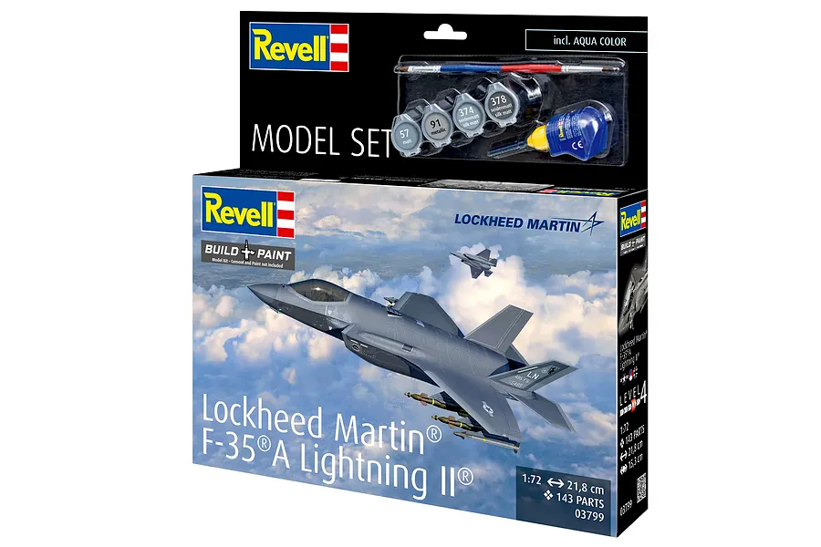 Revell 1/72 scale Lockheed Martin F-35A Lightning II model kit box showing the aircraft in flight and included paints and glue.