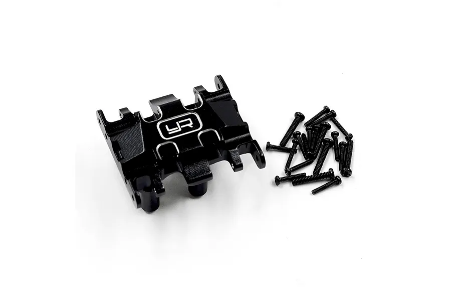 A black aluminium skid plate for an RC car with the Yeah Racing logo, accompanied by a set of black mounting screws on a white background.