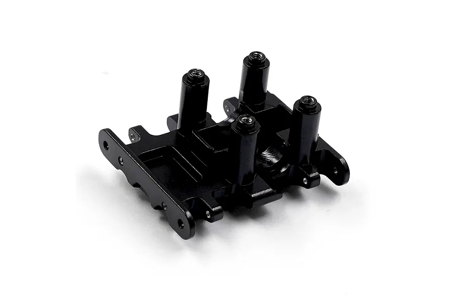 A black aluminium skid plate component for an RC vehicle, featuring four vertical mounting posts with threaded holes, isolated on a white background.
