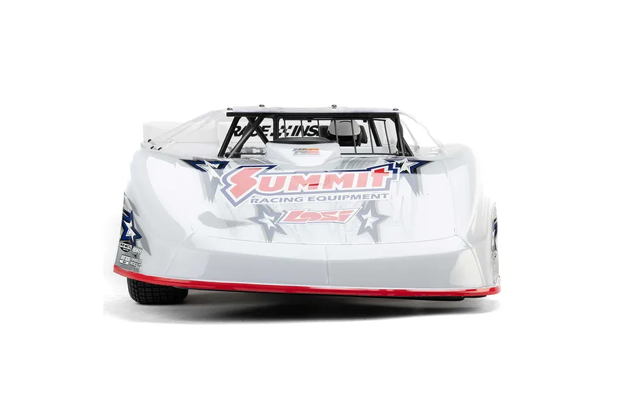Front view of a white Losi 22S Dirt Late Model RC car with Summit Racing Equipment branding on a white background.