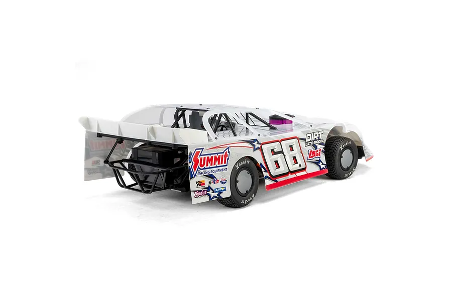 Rear three-quarter view of a white Losi 22S Dirt Late Model RC car with number 68 and Summit Racing decals on a white background.