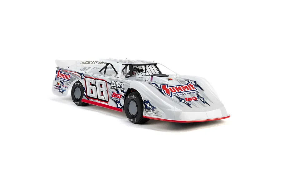 Losi 22S Dirt Late Model RC car in white with Summit Racing Equipment livery and number 68 decals on a white background.
