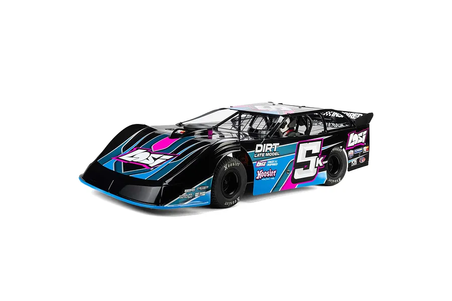 A 1/10 scale Losi 22S Dirt Late Model RC car in blue and black livery with number 5k on the side, isolated on a white background.