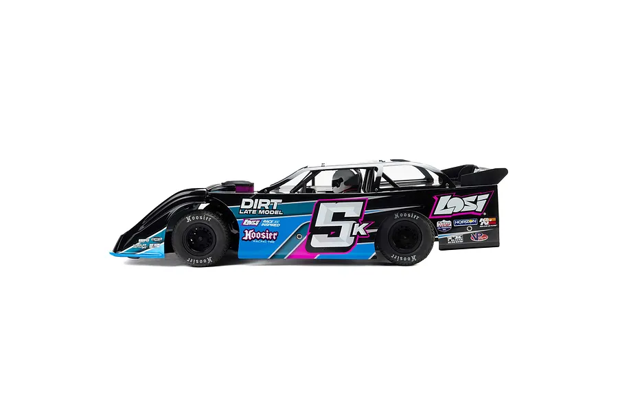 Side view of a Losi 22S Dirt Late Model RC car in black with blue and pink racing decals, featuring the number 5K on the side.