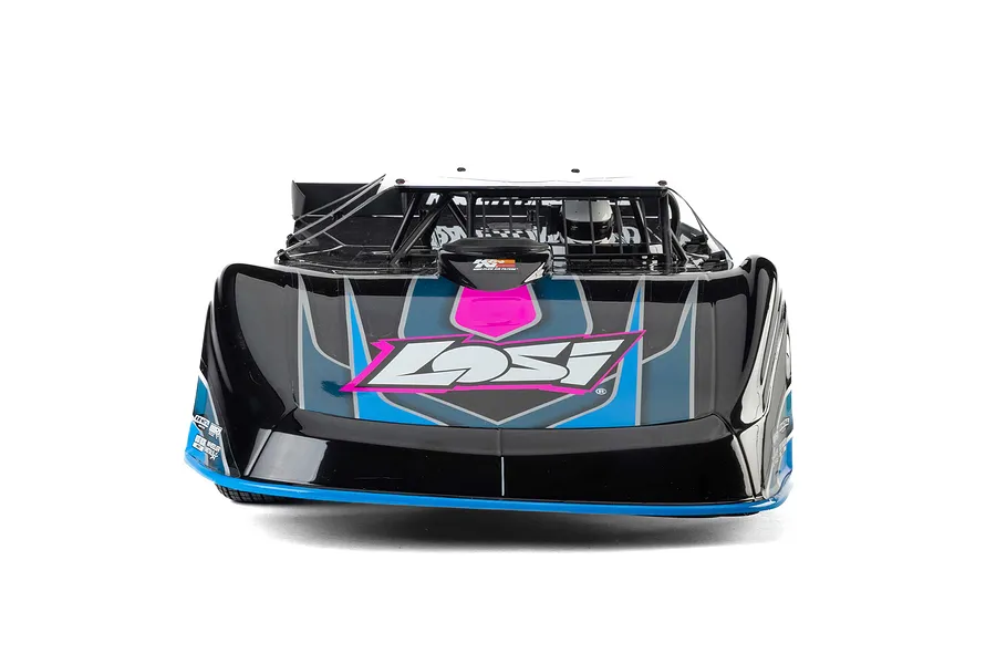 Front view of a Losi 22S Dirt Late Model RC car in blue and black livery with sponsor decals on a white background.