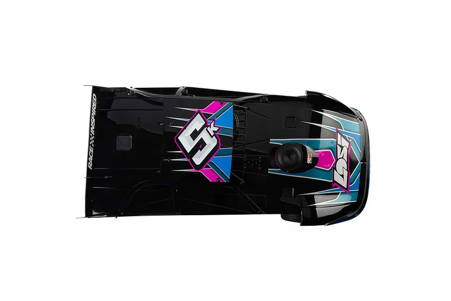 Top-down view of a Losi 22S Dirt Late Model RC car with a black body, blue and pink graphics, and the number 5K on the roof.