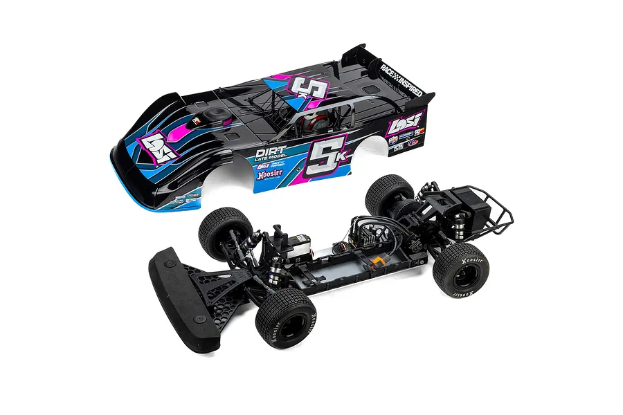 Losi 22S Dirt Late Model RC car with the black, blue, and pink body shell removed to show the internal chassis and components.