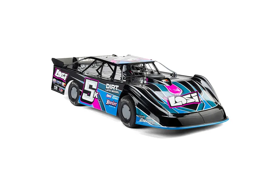 Losi 22S Dirt Late Model RC car in black, blue, and pink livery with number 5K on the side, viewed from a high angle against a white background.
