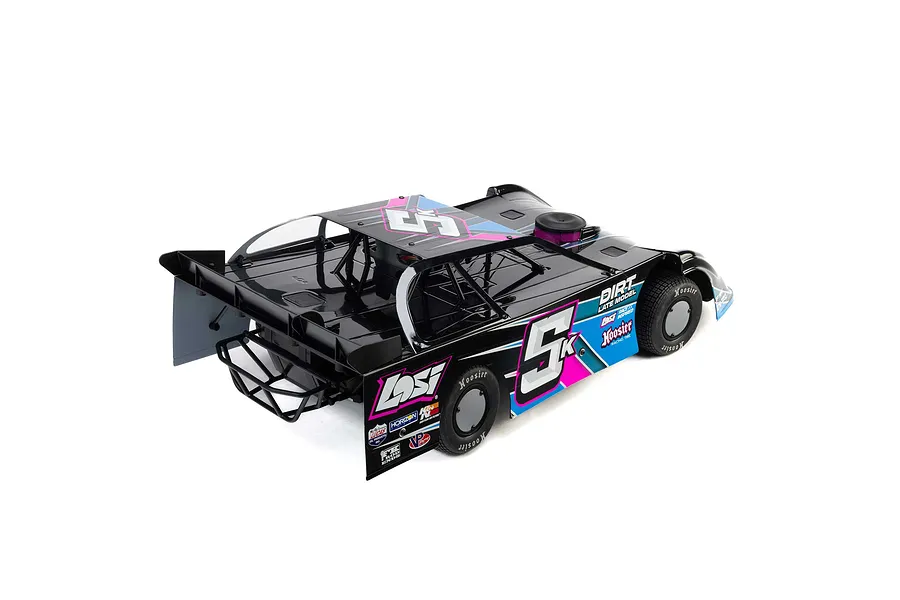 A rear three-quarter view of a black Losi 22S Dirt Late Model RC car with blue and pink racing decals and the number 5K on the side.