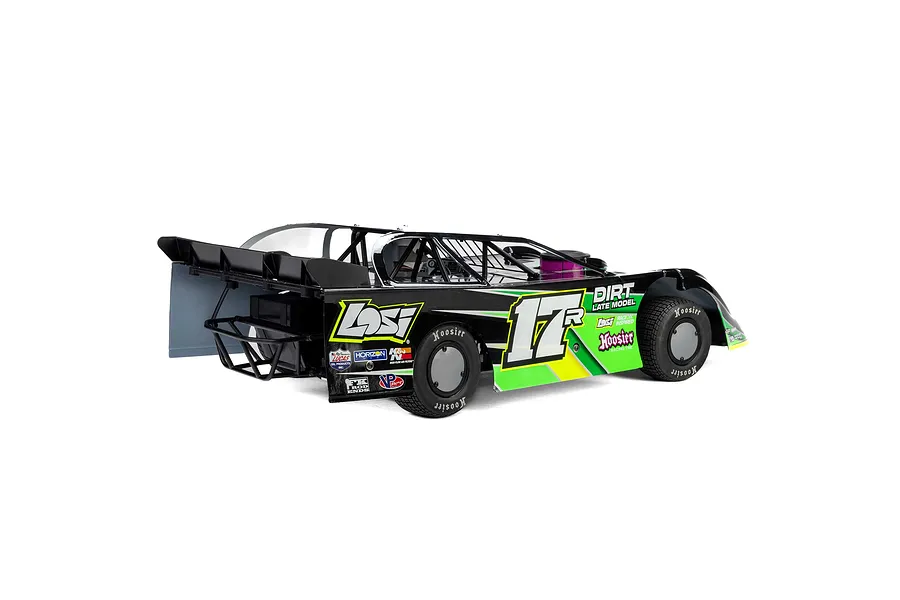 Rear three-quarter view of a Losi 22S Dirt Late Model RC car in black and green livery with number 17 on the side.