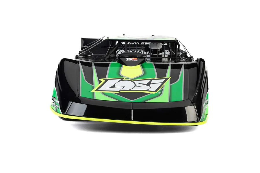 Front view of the Losi 22S Dirt Late Model RC car in green and black livery, showcasing the Losi logo on the hood.