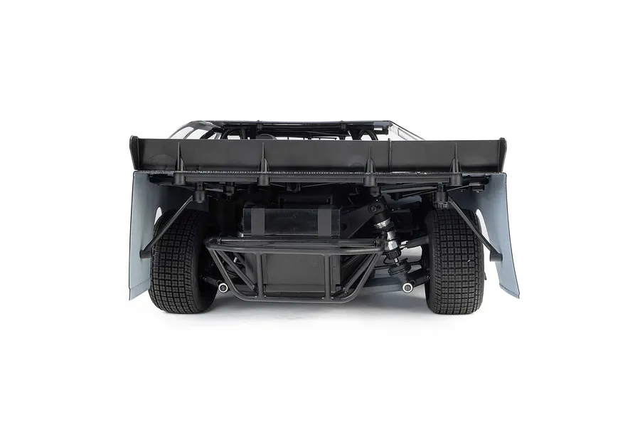Rear view of the Losi 22S Dirt Late Model RC car showing the rear bumper, spoiler, and suspension components.