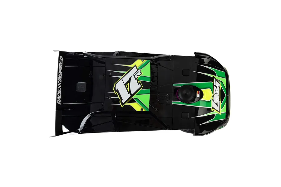Top-down view of the Losi 22S Dirt Late Model RC car body in black and green with number 17 decal.