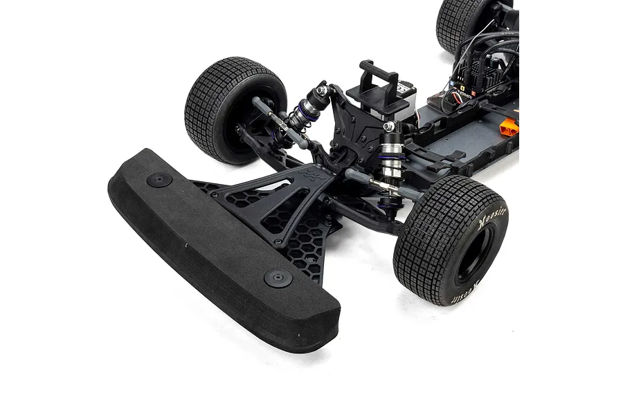 Close-up of the front chassis and foam bumper of a Losi 22S Dirt Late Model RC car on a white background.