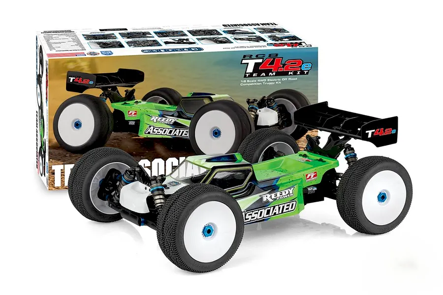 Team Associated RC8T4.2e 1/8 scale electric RC truggy kit shown in front of its product packaging box.