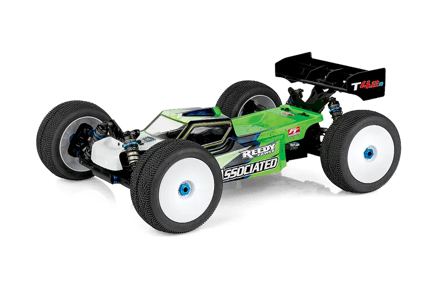 Team Associated RC8T4.2e 1/8 scale electric RC truggy with green and black body, white wheels, and black rear wing on a white background.