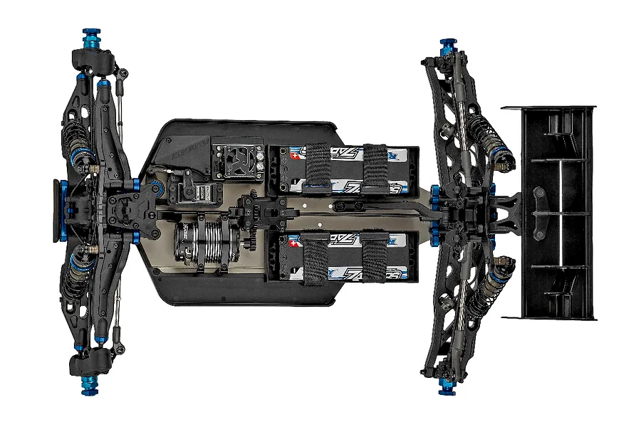 Top-down view of a Team Associated RC8T4.2e electric RC truggy chassis showing the motor, batteries, servo, and suspension components.