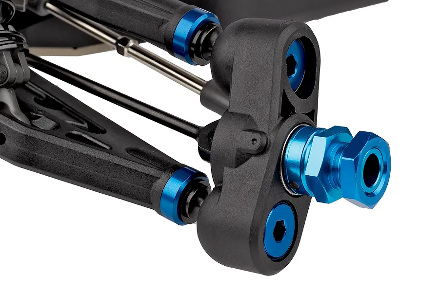 Close-up of the front steering knuckle and suspension assembly of a Team Associated RC8T4.2e RC truggy, featuring black plastic arms and blue anodized parts.