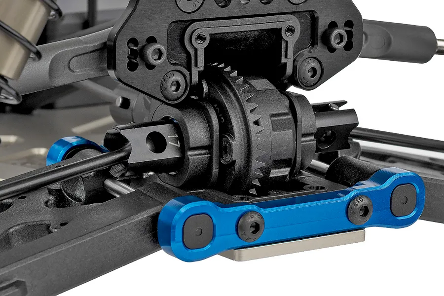 Close-up of the differential and suspension assembly on a Team Associated RC8T4.2e RC truggy, featuring blue anodized aluminum parts.