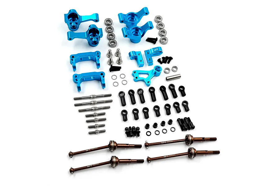 Yeah Racing Aluminium GF-02 Essential Drivetrain Conversion Kit in blue, featuring various metal suspension and drivetrain components.