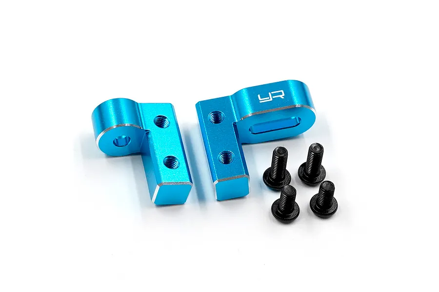 Two blue anodized aluminium servo mounts with four black screws on a white background.