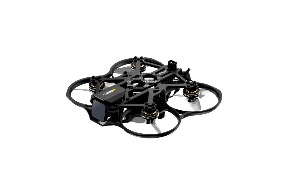 CaddxFPV Gofilm 20 FPV drone featuring a black frame, propeller guards, and gold-accented motors on a black background.