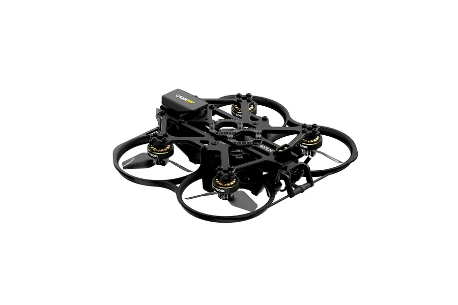 CaddxFPV Gofilm 20 FPV drone in black with propeller guards, shown from a high-angle perspective against a white background.