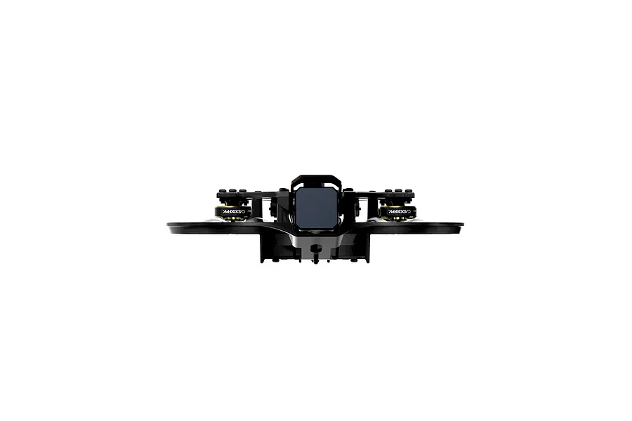 Front view of the CaddxFPV Gofilm 20 FPV drone showing the camera, ducted propellers, and motor housings against a white background.