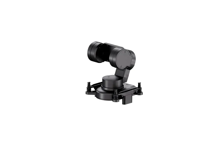 A black CaddxFPV GM3 V2 gimbal unit featuring a camera mounting bracket and vibration dampening mounts.