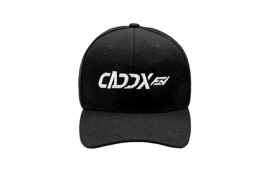 A black baseball cap featuring the white embroidered CaddxFPV logo on the front panel, centered against a plain black background.