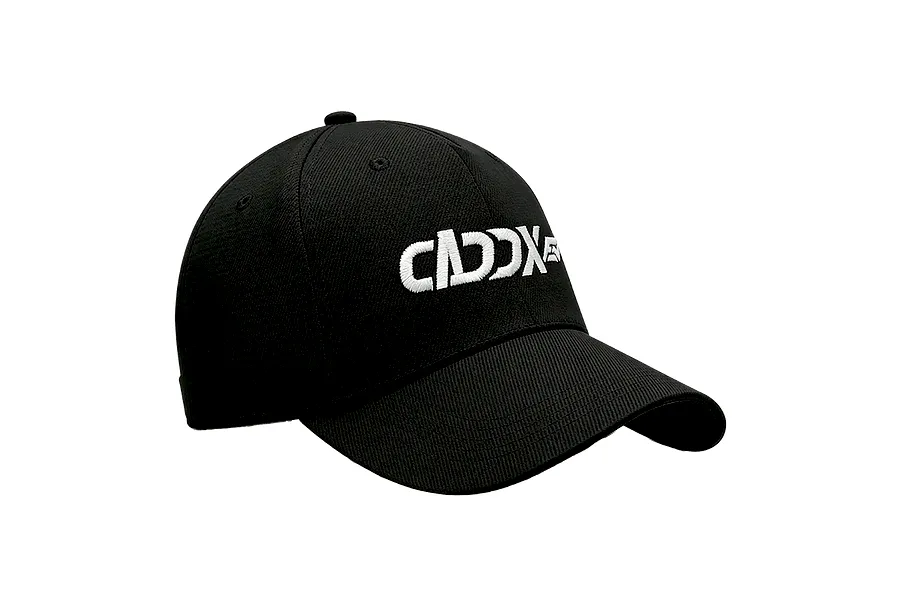 A black baseball cap featuring the white embroidered CaddxFPV logo on the front panel.