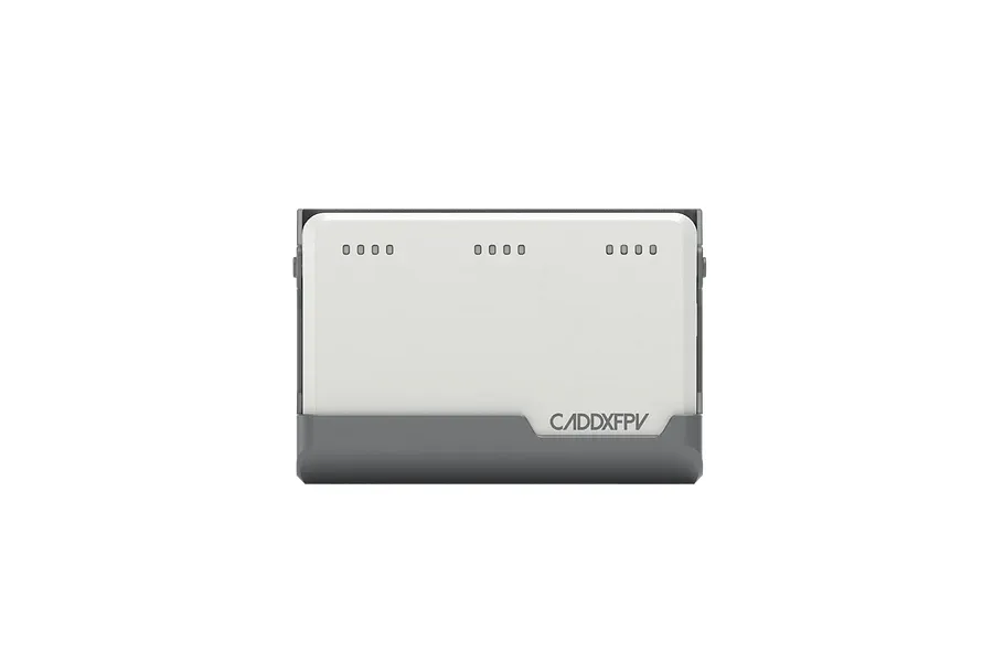 CaddxFPV 2S battery charger dock in white and grey with three sets of four indicator lights and the CaddxFPV logo.