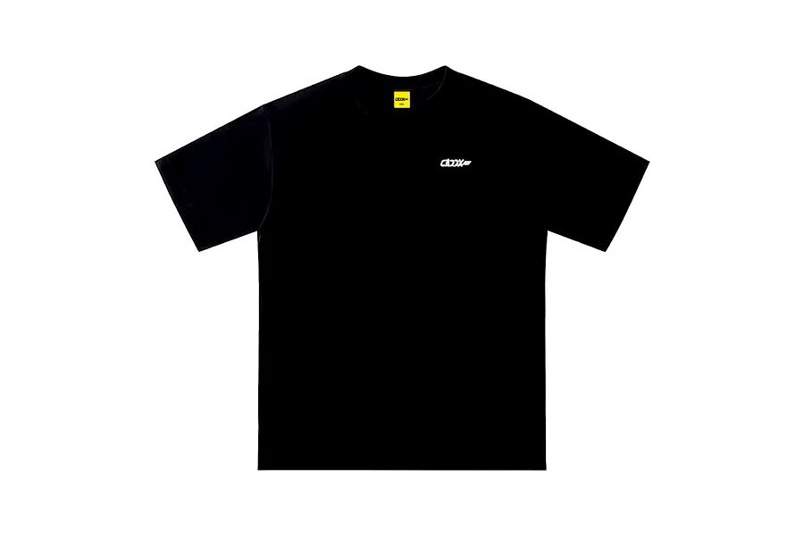 A black short-sleeved t-shirt with a small white CaddxFPV logo on the chest and a yellow size tag inside the collar.