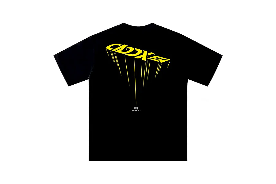 Back view of a black CaddxFPV t-shirt featuring a yellow stylized logo with vertical streaks and the text SEE THE UNSEEN.