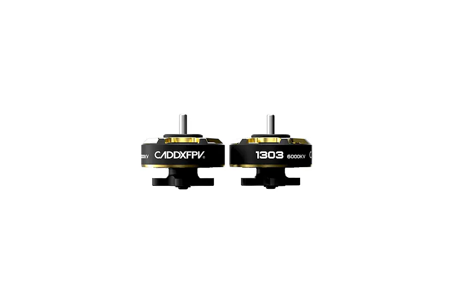 Two CaddxFPV 1303 6000KV brushless motors for FPV drones, featuring black and gold metal housings against a white background.