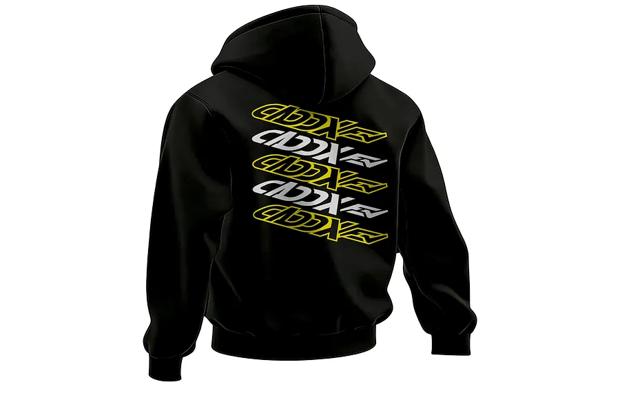 A black hoodie viewed from the back, featuring a repeating CaddxFPV logo pattern in yellow and white on the back panel.